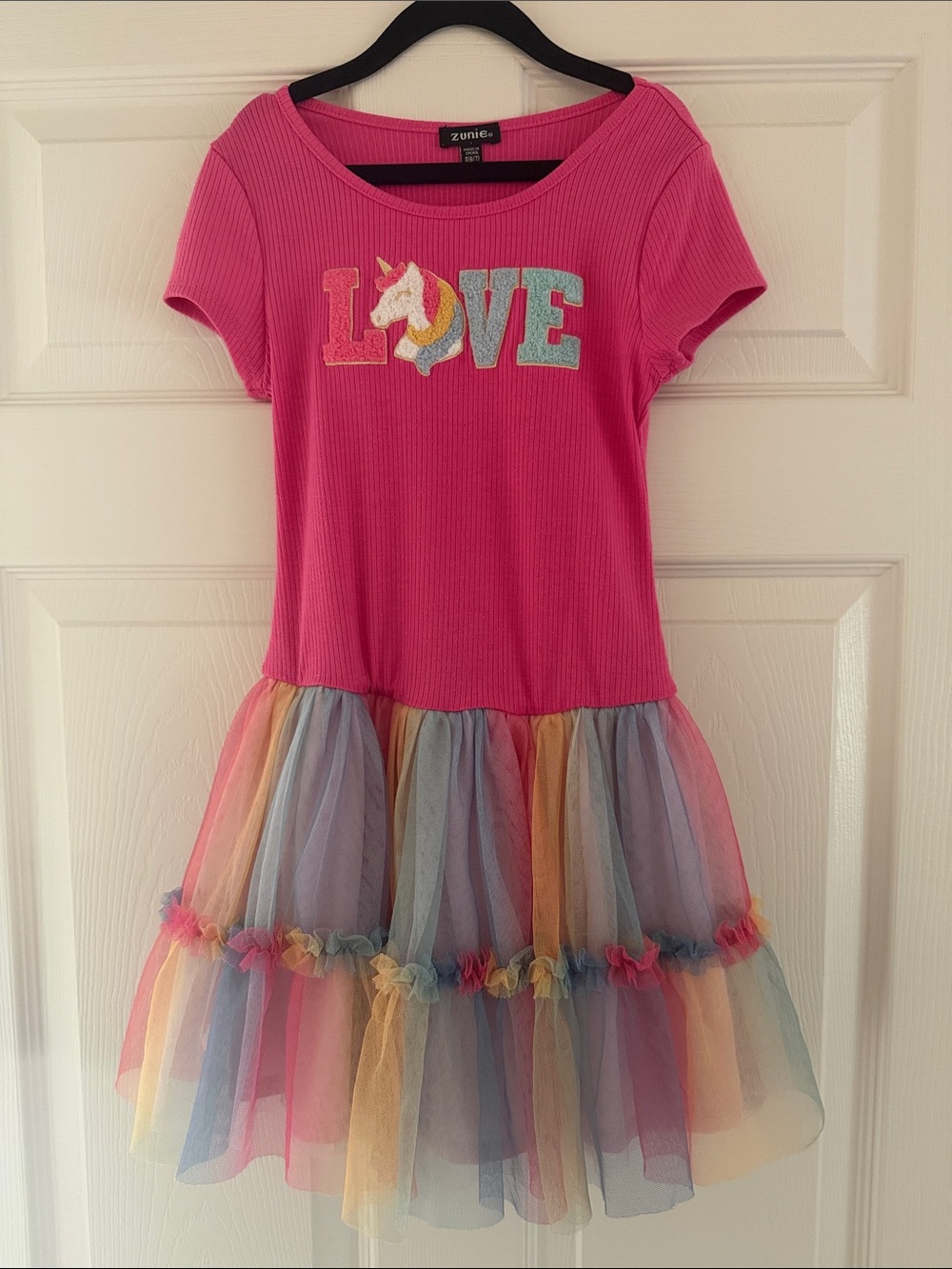 Zunie Pink 'LOVE' Unicorn Tulle Dress with Rainbow Skirt 6/7